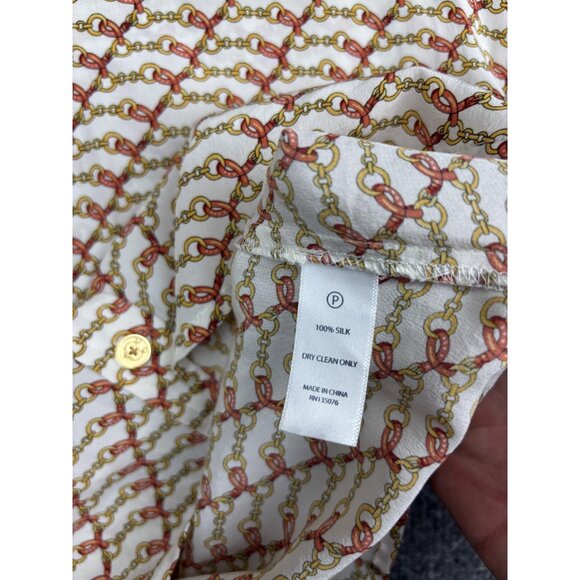C Wonder Shirt Womens XS White Red Gold Chain Print 100% Silk Button Up Blouse - Picture 6 of 7